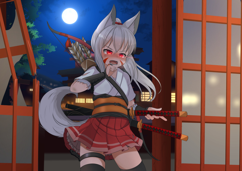 1girl absurdres animal_ears architecture arrow_(projectile) black_legwear blush bow_(weapon) broken_door building east_asian_architecture english_commentary facial_mark fangs full-face_blush full_moon glowing glowing_eyes highres hotel01 japanese_clothes moon night obi open_mouth original pleated_skirt quiver red_eyes sash short_sword skirt sliding_doors solo sword tail thigh-highs thigh_strap vanille_(hotel01) weapon wolf_ears wolf_tail