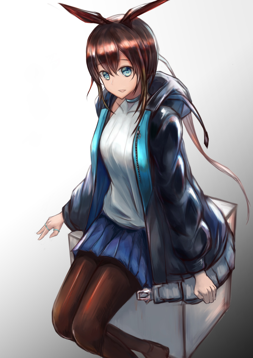 1girl absurdres amiya_(arknights) animal_ears arknights black_jacket blue_eyes brown_hair highres hood hooded_jacket jacket jewelry long_hair looking_at_viewer multiple_rings nana_kamiii neck_ring open_clothes open_jacket open_mouth pantyhose ponytail rabbit_ears ring shirt sitting skirt sleeveless sleeveless_shirt smile solo thumb_ring