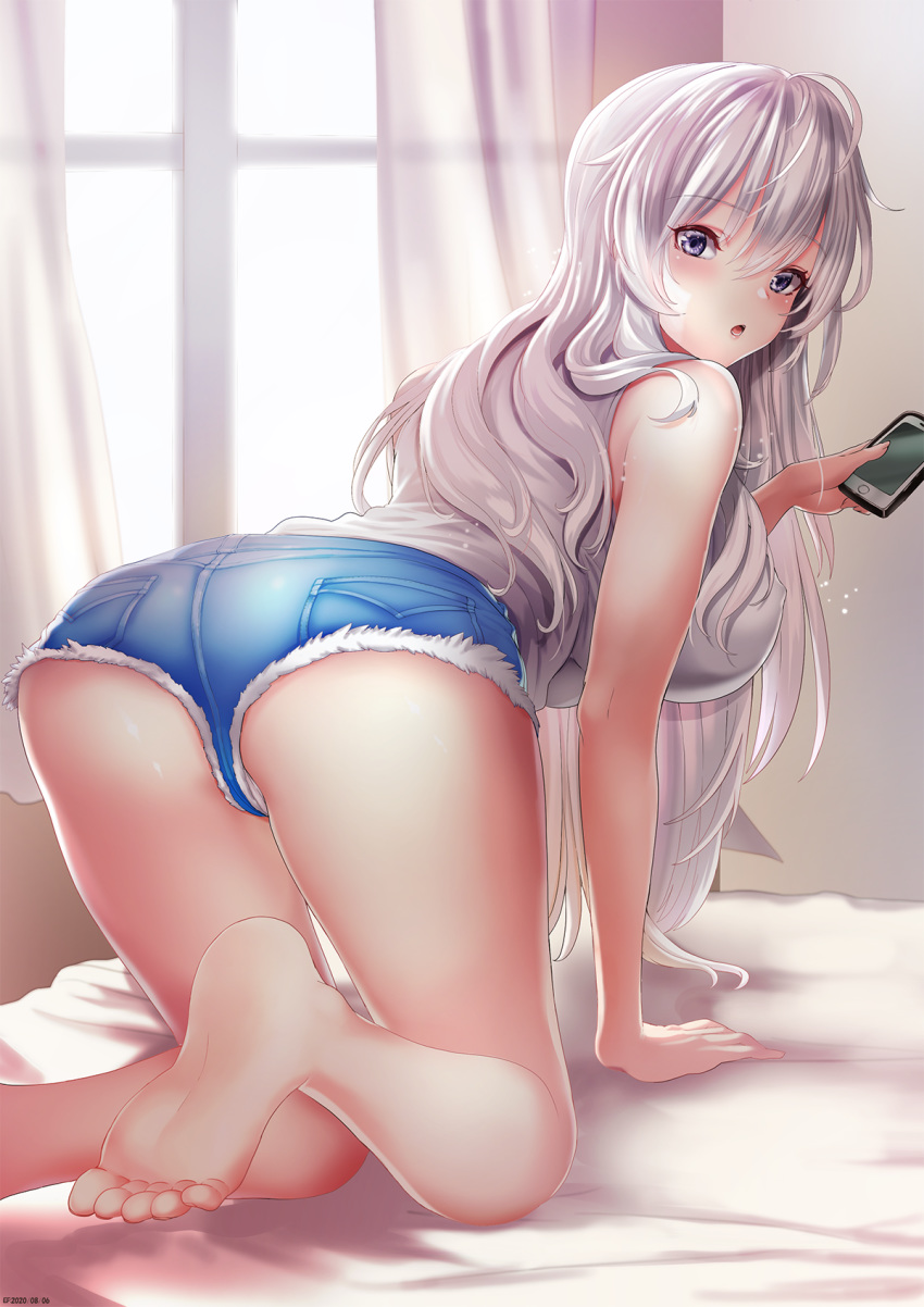 1girl all_fours ass azur_lane bangs bare_shoulders barefoot blush breasts cellphone cutoffs denim denim_shorts effort_star enterprise_(azur_lane) error eyebrows_visible_through_hair highres holding holding_phone indoors large_breasts long_hair looking_at_viewer looking_back on_bed phone revision shirt short_shorts shorts silver_hair sleeveless sleeveless_shirt smartphone soles solo thighs very_long_hair violet_eyes wrong_feet