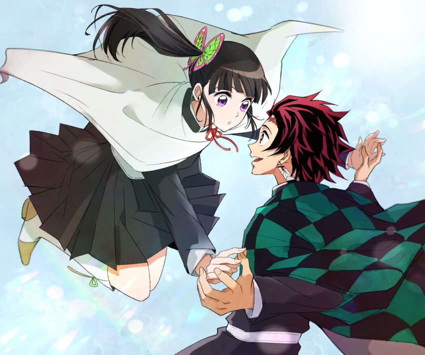 1boy 1girl :d :o black_hair black_jacket black_skirt blue_sky boots brown_eyes brown_hair butterfly_hair_ornament cape checkered_cape commentary_request eye_contact hair_ornament holding_hands jacket kamado_tanjirou kimetsu_no_yaiba long_hair looking_at_another open_mouth outdoors san_mon side_ponytail skirt sky smile sunlight tsuyuri_kanao violet_eyes white_cape white_footwear