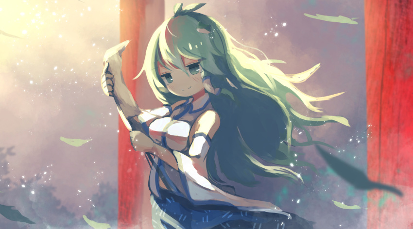1girl arms_up blue_skirt blurry blurry_background blush breasts clouds cloudy_sky commentary_request cowboy_shot detached_sleeves eyebrows_visible_through_hair frog_hair_ornament gohei green_eyes green_hair hair_between_eyes hair_blowing hair_ornament hair_tubes highres kochiya_sanae light_particles long_hair looking_at_viewer medium_breasts no_lineart outdoors skirt sky smile solo standing ti_owo torii touhou twilight very_long_hair wind