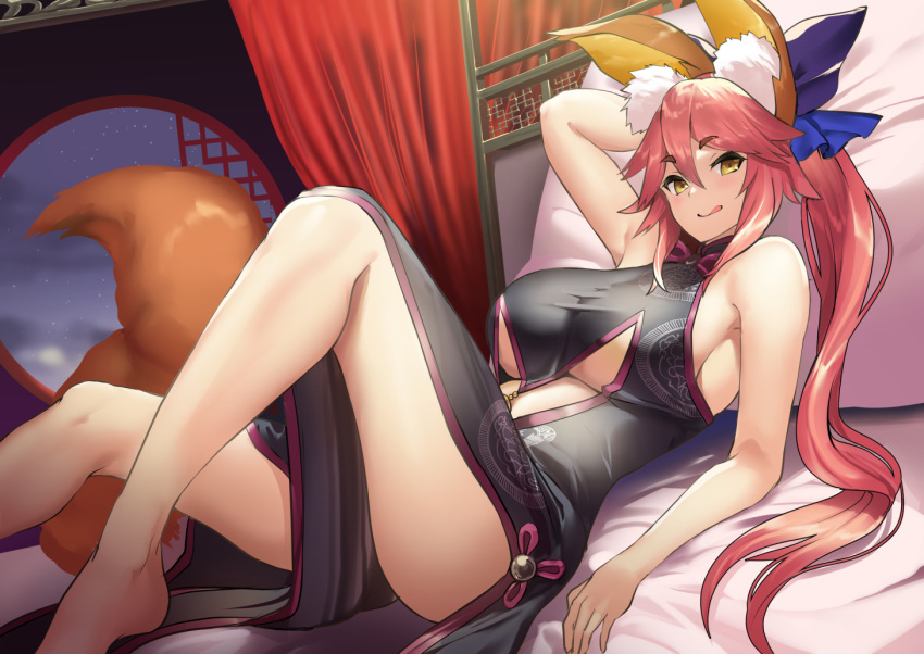 1girl animal_ear_fluff animal_ears bangs bare_shoulders black_dress blue_bow blush bow breasts center_opening china_dress chinese_clothes closed_mouth cosplay dress fate/extra fate/grand_order fate_(series) fox_ears fox_girl fox_tail hair_between_eyes hair_bow koyanskaya koyanskaya_(cosplay) large_breasts legs licking_lips long_hair looking_at_viewer lying muunyan_(yumenekoya) on_back on_bed pillow pink_hair ponytail side_slit sidelocks smile tail tamamo_(fate)_(all) tamamo_no_mae_(fate) tongue tongue_out under_boob yellow_eyes