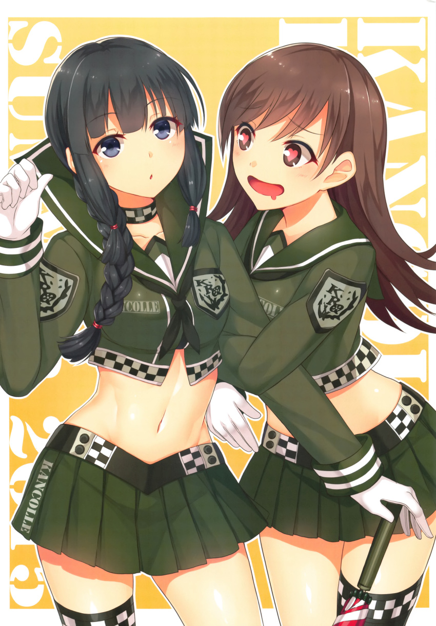 2girls absurdres adapted_costume arm_hug black_hair blue_eyes braid brown_eyes brown_hair cowboy_shot crop_top drooling gloves heart heart-shaped_pupils highres horosuke_(toot08) kantai_collection kitakami_(kantai_collection) long_hair looking_at_viewer midriff multiple_girls navel ooi_(kantai_collection) racequeen scan shiny shiny_skin simple_background single_thighhigh skirt symbol-shaped_pupils thigh-highs white_gloves yuri