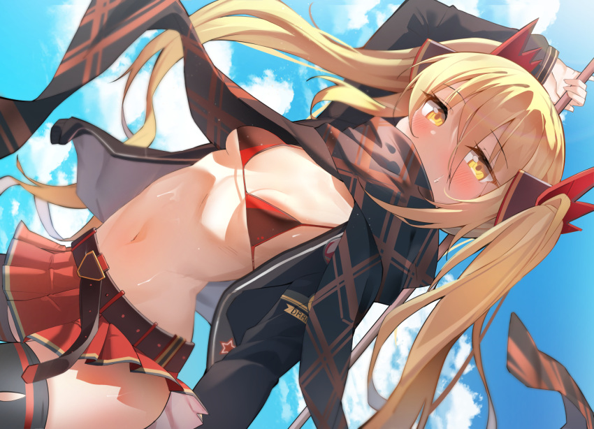 1girl bangs belt bikini black_jacket blonde_hair blue_sky blush breasts character_request hair_ornament jacket k_pring long_hair long_sleeves looking_at_viewer miniskirt navel open_clothes open_jacket pride_of_eden red_bikini red_skirt scarf skirt sky small_breasts swimsuit thigh-highs thighs twintails yellow_eyes