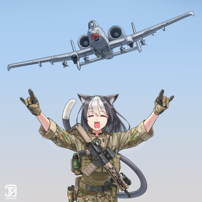 1girl \m/ a-10_thunderbolt_ii aircraft airplane assault_rifle camouflage commentary desert_camouflage double_\m/ english_commentary foregrip glock gun h&amp;k_hk416 handgun highres holstered_weapon jet jpc load_bearing_vest military military_operator military_vehicle original rifle sling_(weapon) soldier weapon woodland_camouflage