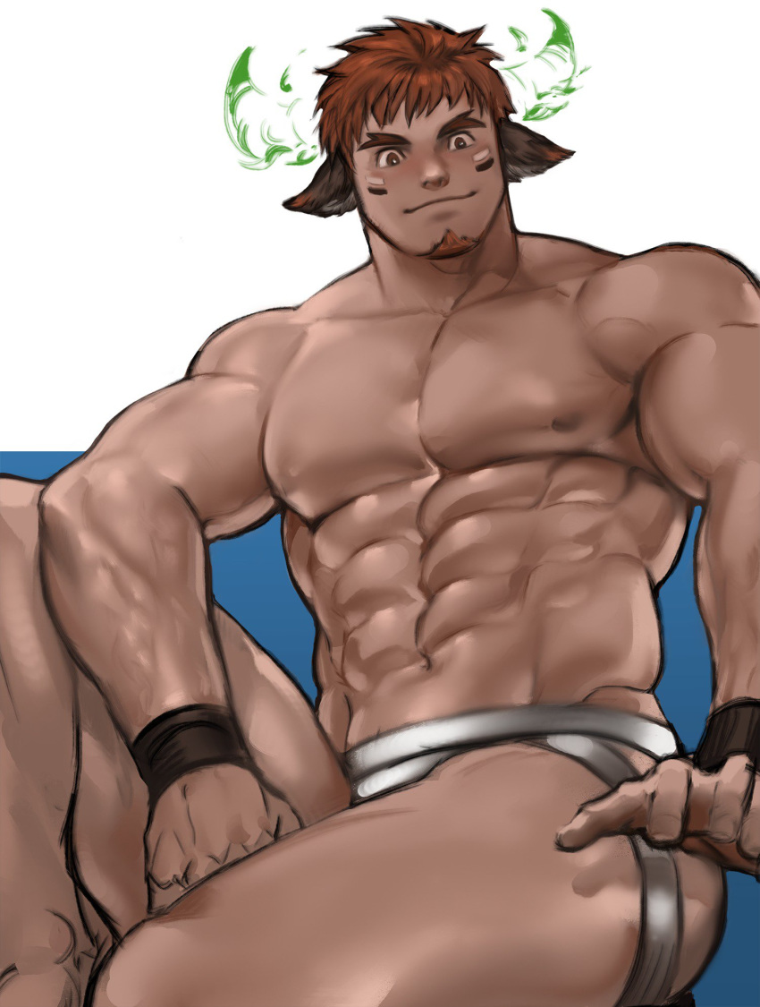 1boy abs animal_ears bangs bara beard body_hair brown_hair bulge chest chest_hair facial_hair feathers forked_eyebrows glowing_horns highres horns jang_ju_hyeon jockstrap looking_at_viewer male_focus male_underwear manly muscle native_american nipples pectorals shirtless simple_background smile thick_eyebrows thick_thighs thighs tokyo_houkago_summoners underwear upper_body wakan_tanka