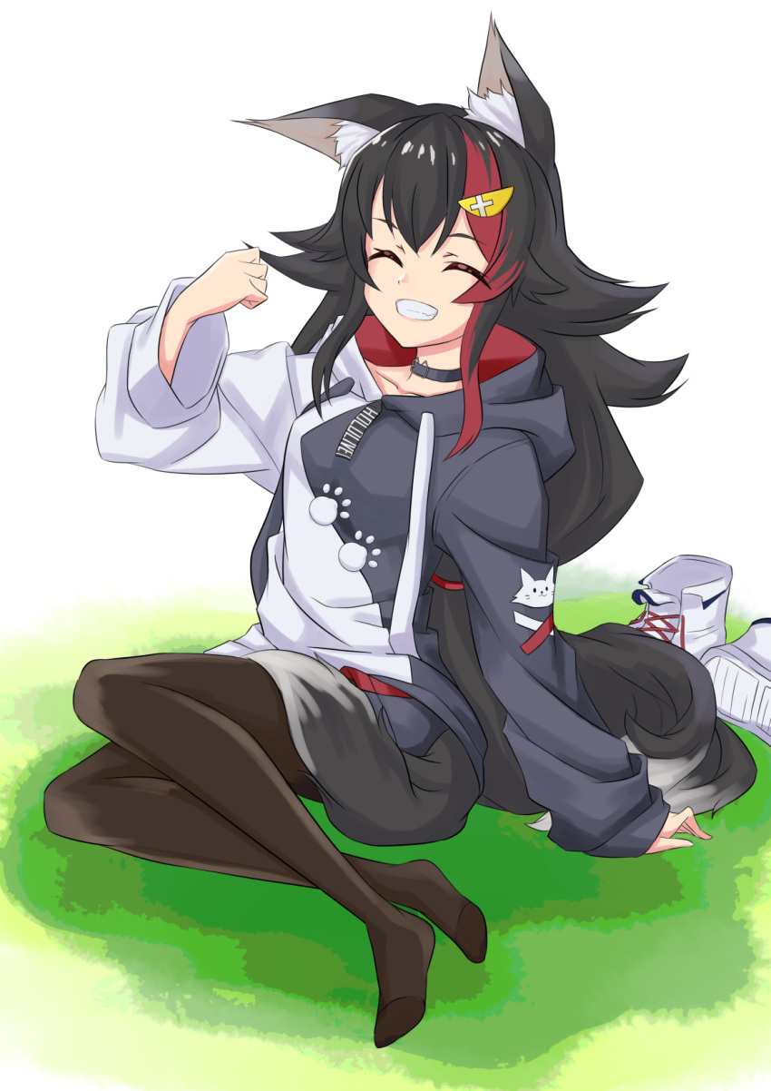 1girl animal_ears bangs black_choker black_hair choker closed_eyes commentary_request eyebrows_visible_through_hair footwear_removed grin hair_between_eyes highres hololive hood hoodie long_hair long_sleeves multicolored_hair ookami_mio pantyhose redhead risian sidelocks simple_background sitting smile solo tail two-tone_hair very_long_hair virtual_youtuber white_background wolf_ears wolf_girl wolf_tail