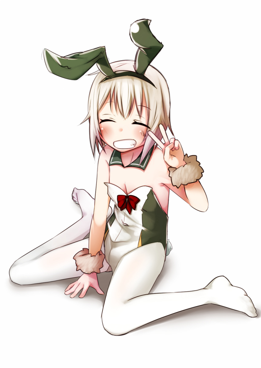 1girl alternate_costume animal_ears bangs blush breasts bunny_tail closed_eyes detached_sleeves eyebrows_visible_through_hair fake_animal_ears fur_trim grin highres kantai_collection leotard nassukun pantyhose rabbit_ears shimushu_(kantai_collection) short_hair simple_background sitting small_breasts smile solo tail v white_background white_hair white_legwear wrist_cuffs