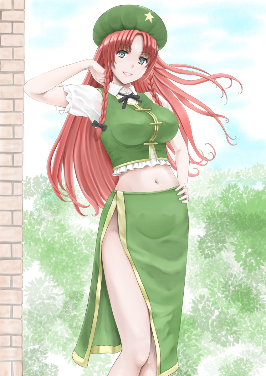 1girl bangs bosutonii braid crop_top day eyebrows_visible_through_hair floating_hair green_eyes green_headwear green_skirt grin hand_on_hip highres hong_meiling long_hair looking_at_viewer medium_skirt midriff navel outdoors parted_bangs redhead shiny shiny_hair short_sleeves side_slit skirt smile solo standing stomach touhou twin_braids very_long_hair