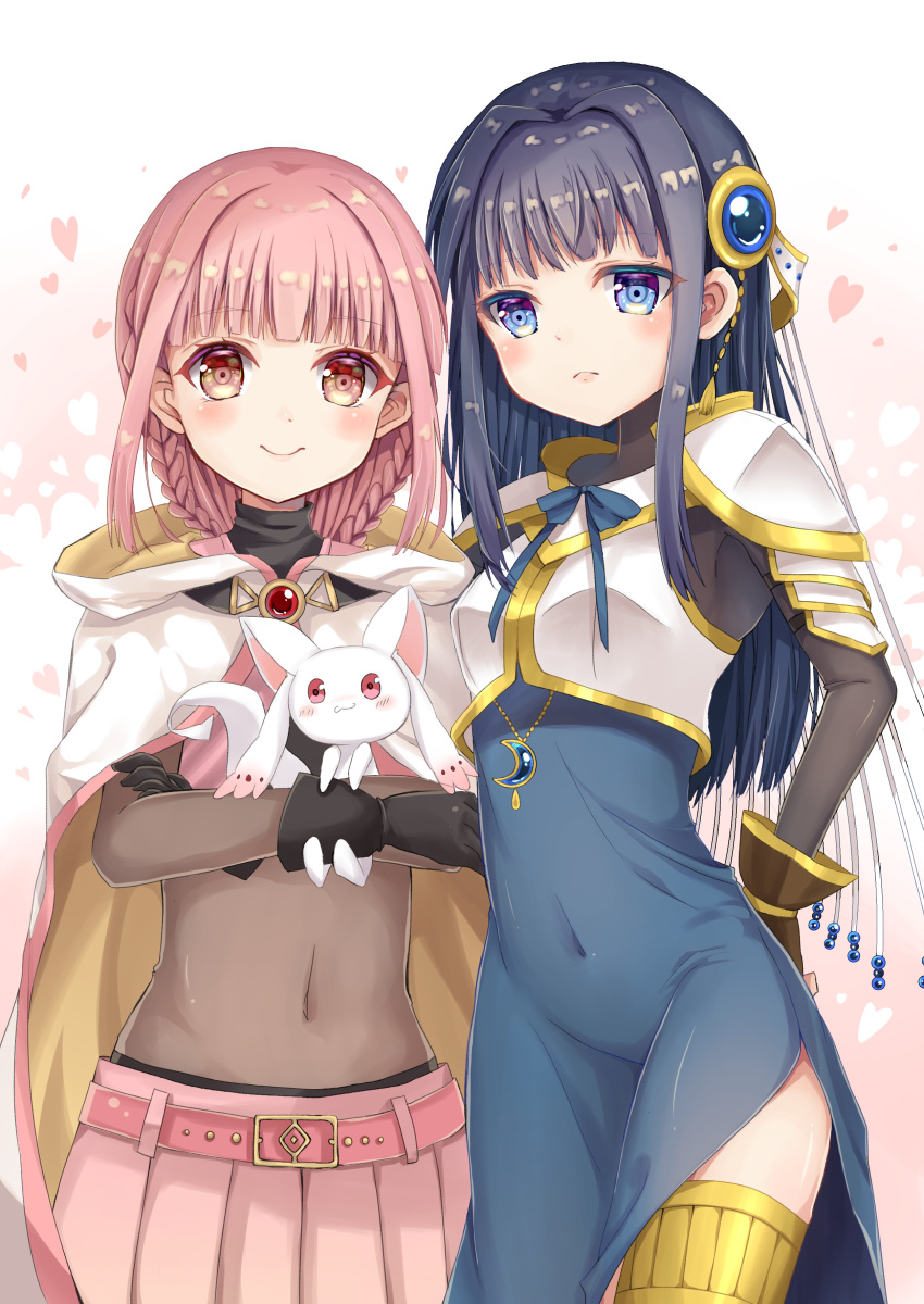 2girls absurdres armor bangs blue_dress blue_eyes blue_hair blue_ribbon blunt_bangs blush bodysuit braid cape closed_mouth covered_navel dress french_braid frown highres long_hair looking_at_viewer magia_record:_mahou_shoujo_madoka_magica_gaiden mahou_shoujo_madoka_magica miniskirt multiple_girls nanahosiryuuki nanami_yachiyo neck_ribbon pink_hair pink_skirt pleated_skirt red_eyes ribbon shiny shiny_hair shoulder_armor side_slit skirt smile spaulders standing straight_hair tamaki_iroha thighlet very_long_hair white_background white_cape