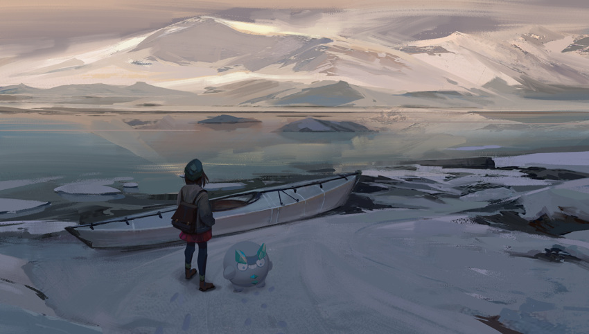 1girl backpack bag blue_legwear boat coat commentary_request creature english_commentary facing_away from_behind galar_route_9 galarian_darumaka galarian_form gen_8_pokemon grey_coat hat kayak lake mixed-language_commentary mountain nature outdoors pantyhose pink_skirt pixiescout pokemon pokemon_(creature) pokemon_(game) pokemon_swsh reflection skirt sky snow standing water watercraft wide_shot yuuri_(pokemon)