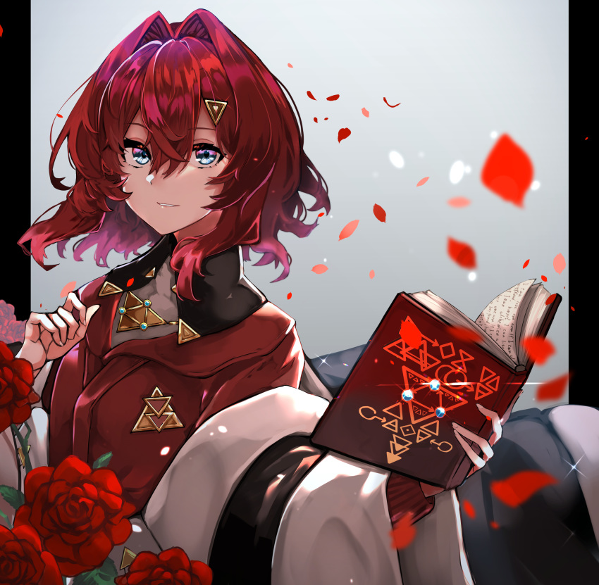 1girl absurdres ange_katrina blue_eyes book floating_hair flower highres holding holding_book looking_at_viewer lunateelf nijisanji red_flower red_rose redhead rose short_hair solo triangle_hair_ornament