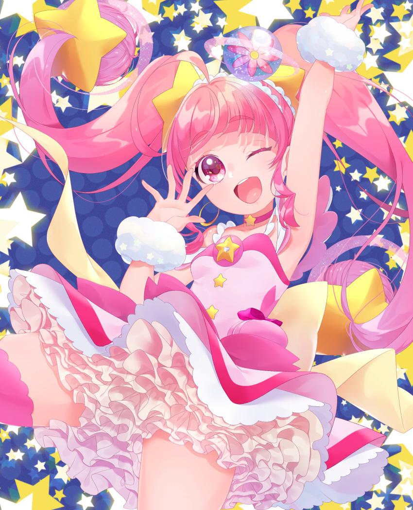 1girl ;d absurdres arm_up armpits bangs blunt_bangs cure_star floating_hair hair_ornament highres layered_skirt long_hair miniskirt one_eye_closed open_mouth pink_eyes pink_hair pink_legwear precure shiny shiny_hair single_thighhigh skirt smile solo star_(symbol) star_hair_ornament star_twinkle_precure thigh-highs very_long_hair white_skirt wrist_cuffs yellow_earrings yupiteru