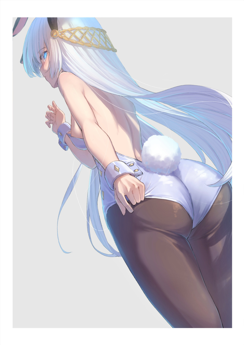 1girl absurdres adjusting_clothes anastasia_(fate/grand_order) animal_ears arm_at_side ass bare_arms bare_shoulders beige_background black_legwear blue_eyes blue_leotard border breasts bunny_tail bunnysuit closed_mouth commentary_request fate/grand_order fate_(series) from_behind from_below grey_background hair_ornament hand_up highres leotard long_hair looking_at_viewer medium_breasts pantyhose rabbit_ears shoulder_blades solo straight_hair strapless strapless_leotard tail tearing_up tihoro1609 very_long_hair white_border wrist_cuffs