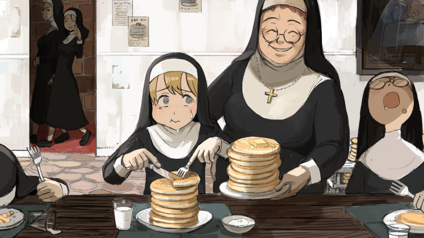 blonde_hair catholic cross crucifix cup diva_(hyxpk) doorway dress food fork habit highres long_hair mature milk multiple_girls nun open_mouth original pancake plate poster_(object) smile stack_of_pancakes stone_floor stone_wall sweat wall