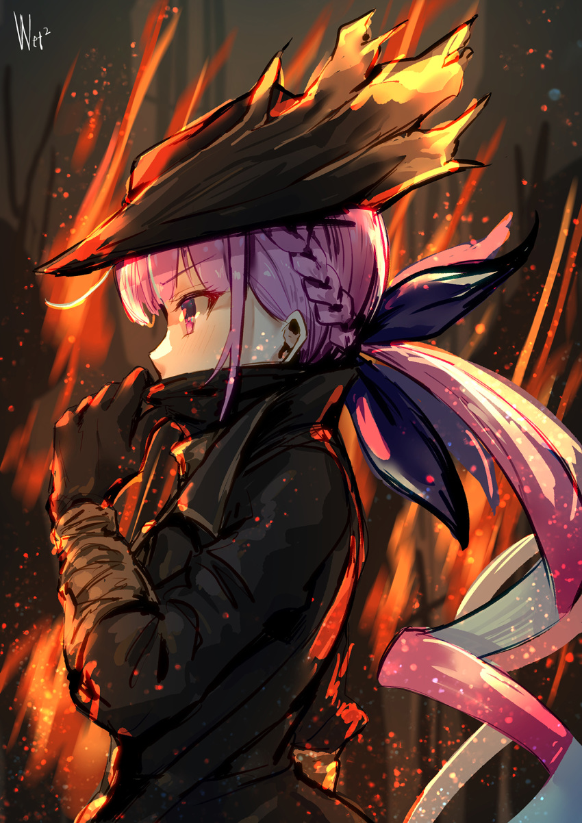 1girl aqua_hair black_coat black_gloves black_headwear bloodborne braid coat commentary covered_mouth d-cao drill_hair english_commentary fire french_braid from_side gloves hair_ribbon hat highres hololive long_hair minato_aqua multicolored_hair parody profile purple_hair ribbon signature solo streaked_hair twin_drills twintails two-tone_hair upper_body violet_eyes virtual_youtuber