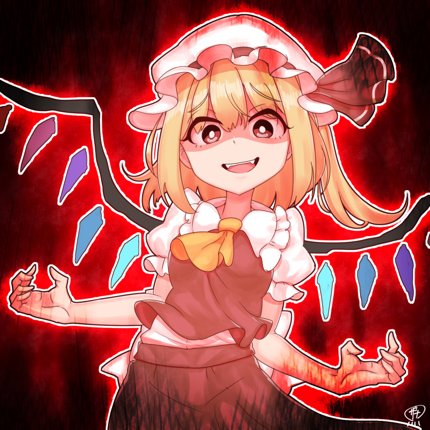 1girl arms_up aura black_background blonde_hair blood bloody_hands bright_pupils commentary cowboy_shot cravat eyebrows_visible_through_hair fangs flandre_scarlet hair_between_eyes hat hat_ribbon highres leaning_to_the_side looking_at_viewer mob_cap one_side_up open_mouth outline puffy_short_sleeves puffy_sleeves red_eyes red_skirt red_vest ribbon shaded_face shirt short_hair short_sleeves signature skirt solo standing touhou upper_teeth vest white_headwear white_pupils white_shirt wings yellow_neckwear zanasta0810