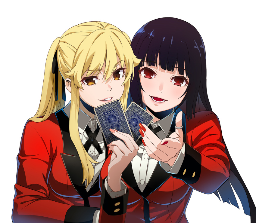 2girls black_hair blonde_hair brown_eyes card commentary eyebrows_visible_through_hair fingernails highres holding jabami_yumeko jewelry kakegurui long_fingernails long_hair looking_at_viewer multiple_girls nyoro_(nyoronyoro000) playing_card ring saotome_meari school_uniform smirk twintails white_background