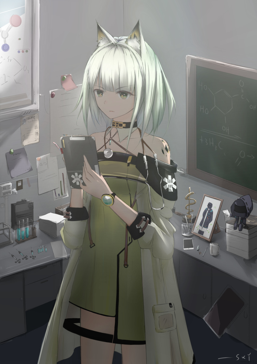 1girl absurdres animal_ear_fluff animal_ears arknights bangs bare_shoulders black_choker character_doll choker cowboy_shot doctor_(arknights) dress eyebrows_visible_through_hair green_dress grey_eyes highres holding indoors kal'tsit_(arknights) long_sleeves off-shoulder_dress off_shoulder ore_lesion_(arknights) picture_frame short_dress short_hair silver_hair solo standing sxy-nr test_tube watch watch
