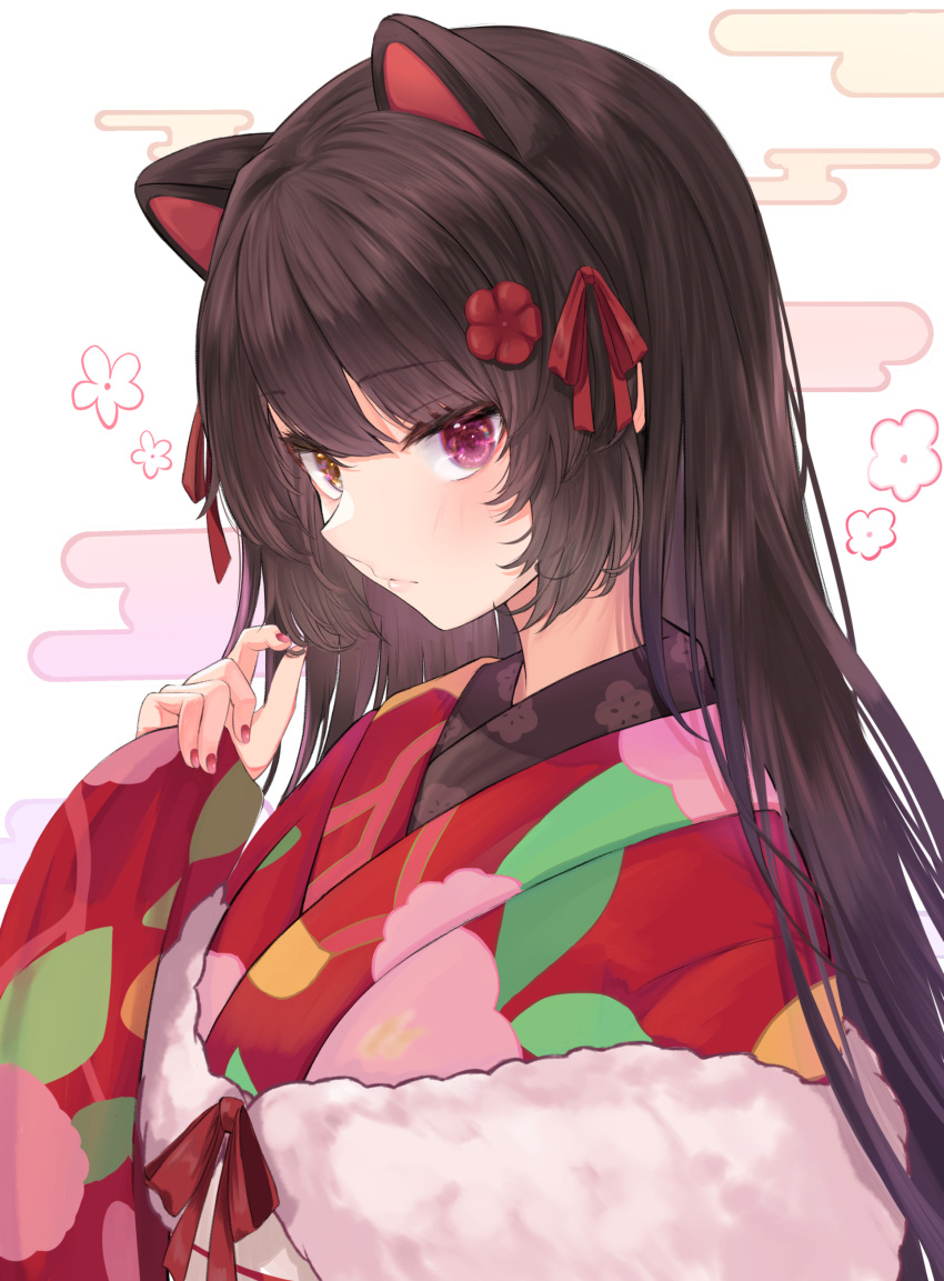 1girl absurdres animal_ears bangs black_hair closed_mouth commentary_request dog_ears eyebrows_visible_through_hair floral_print flower fur_trim hair_ornament heterochromia highres inui_toko japanese_clothes keichan_(user_afpk7473) kimono long_hair long_sleeves looking_at_viewer multicolored multicolored_clothes multicolored_kimono nail_polish nijisanji pink_nails print_kimono red_eyes red_flower red_kimono red_ribbon ribbon solo upper_body virtual_youtuber white_background wide_sleeves