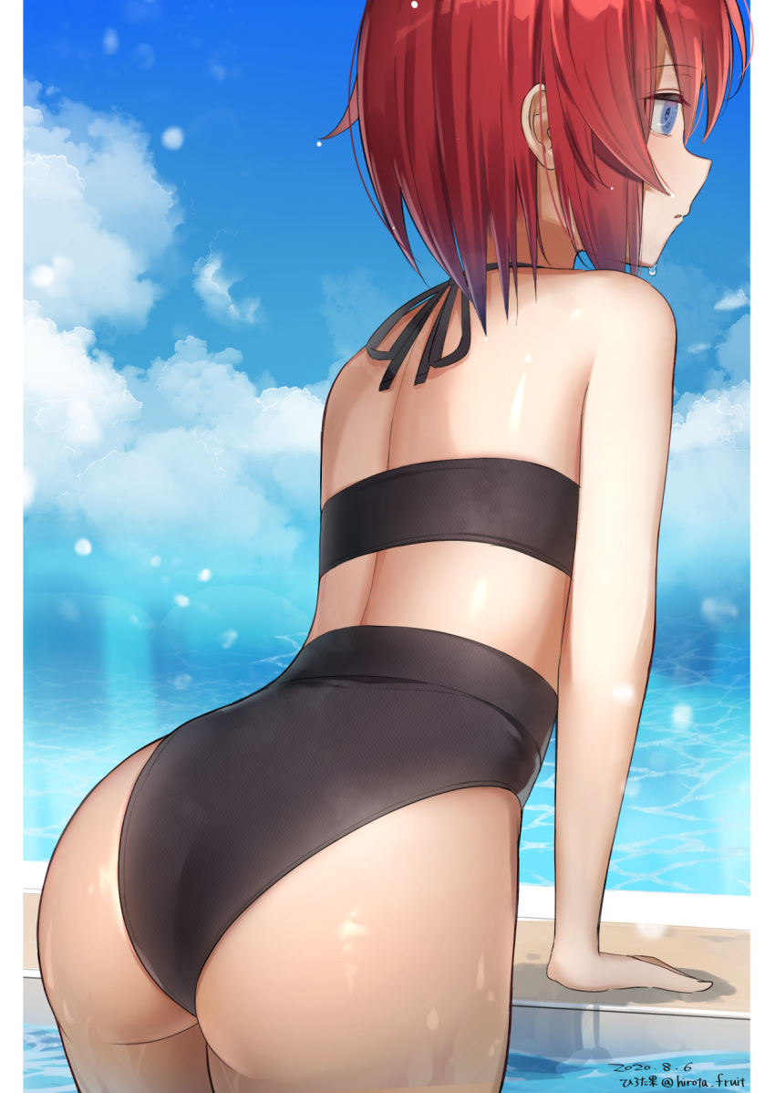 1girl ange_katrina ass bangs bare_arms bare_shoulders bikini black_bikini blue_eyes blush closed_mouth commentary_request cowboy_shot dated day from_behind hair_between_eyes halter_top halterneck highres hirota_fruit horizon leaning_forward looking_away nijisanji ocean outdoors profile redhead signature solo standing swimsuit twitter_username virtual_youtuber water wet