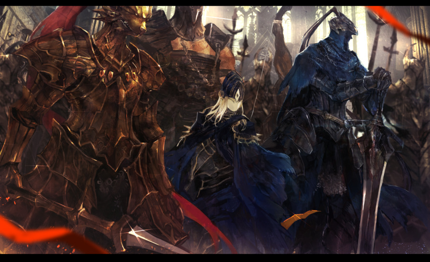 1girl 2others 3boys armor armored_dress arms_at_sides artorias_the_abysswalker black_armor blonde_hair blue_cloak blurry blurry_background bow_(weapon) breastplate cloak commentary_request cowboy_shot dark_souls dragon_slayer_ornstein faulds feet_out_of_frame full_armor gauntlets gold_armor greatsword hands_on_hilt hawkeye_gough helm helmet highres holding holding_bow_(weapon) holding_spear holding_weapon hood horned_helmet knight lord's_blade_ciaran mask medium_hair mono_(jdaj) multiple_boys multiple_others pauldrons planted_sword planted_weapon plate_armor plume polearm shoulder_armor silver_knight_(dark_souls) souls_(from_software) spear standing sunlight sword weapon