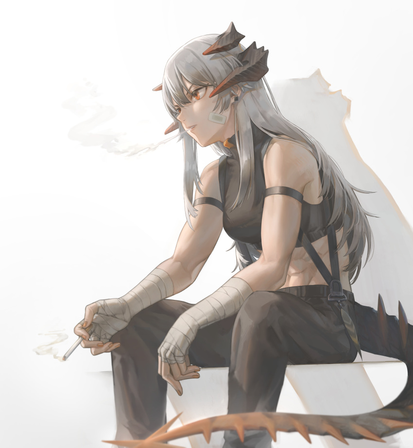 1girl arknights arm_strap arm_wrap bandaid bandaid_on_face bangs black_pants breasts cigarette crop_top duzt earrings hair_between_eyes highres holding holding_cigarette horns jewelry long_hair looking_afar orange_eyes pants saria_(arknights) silver_hair sitting sleeveless smoke smoking solo suspenders tail