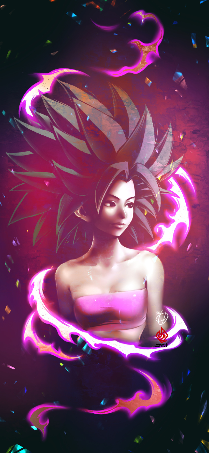 1girl absurdres amaguchi_chiyoko bare_shoulders black_eyes black_hair breasts caulifla collarbone commentary_request dragon_ball dragon_ball_super highres looking_to_the_side pink_tubetop signature sleeveless small_breasts solo spiky_hair strapless tubetop