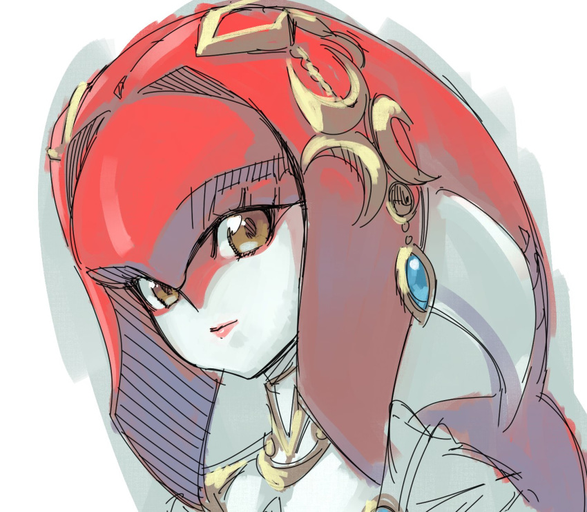 1girl closed_mouth dutch_angle highres kawakami_rokkaku looking_at_viewer mipha portrait red_skin redhead sketch smile solo tentacle_hair the_legend_of_zelda the_legend_of_zelda:_breath_of_the_wild two-tone_skin white_background white_skin