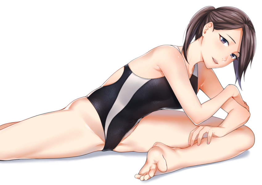 1girl :d bare_shoulders barefoot breasts brown_hair competition_swimsuit kyuuso_inukami long_hair looking_at_viewer one-piece_swimsuit open_mouth original ponytail sitting smile solo spread_legs stretched_limb swimsuit teeth violet_eyes