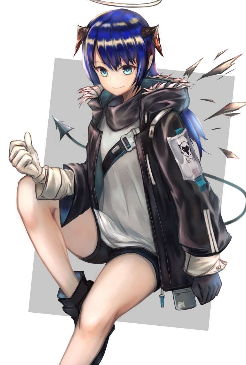 1girl absurdres arknights black_footwear black_jacket blue_eyes demon_horns detached_wings energy_wings fur-trimmed_hood fur-trimmed_jacket fur_trim gloves halo highres hood horns jacket long_hair long_sleeves looking_at_viewer mismatched_gloves mostima_(arknights) nana_kamiii short_shorts shorts sitting smile solo tail wings