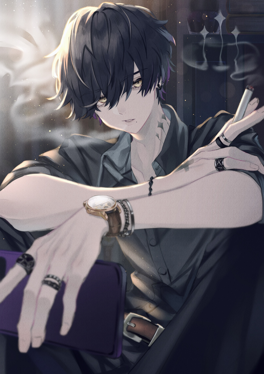 1boy absurdres black_hair hands highres holding holding_phone jewelry lobor looking_to_the_side male_focus original phone ring smoking solo tattoo watch watch yellow_eyes yuruya_(emomomomo)