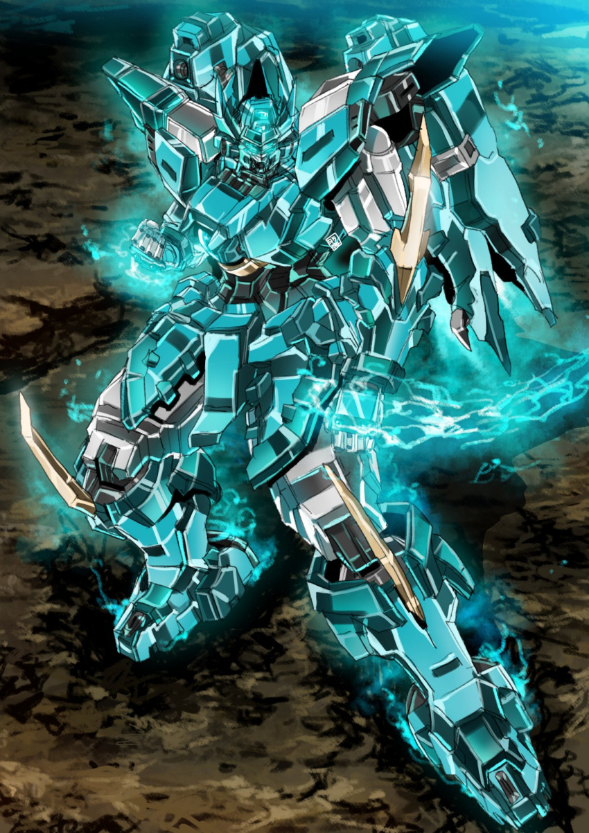 blue_eyes blue_fire clenched_hands fighting_stance fire from_above garimpeiro glowing glowing_eyes highres looking_up mecha no_humans original solo