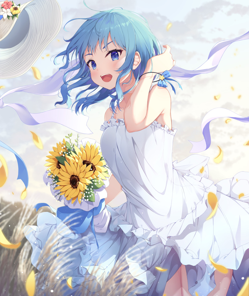 1girl :o absurdres armpit_crease bare_arms bare_shoulders blue_bow blue_eyes blue_hair blurry blush bouquet bow breasts clouds cloudy_sky collarbone commentary cowboy_shot depth_of_field dress eyelashes field floating_hair flower frilled_dress frills hair_tie hand_to_head hand_up hat hat_flower hat_loss highres hololive hoshimachi_suisei keis_(locrian1357) leaf legs_together light_particles looking_at_viewer medium_hair open_mouth outdoors petals red_flower ribbon round_teeth rubber_band shiny shiny_hair sidelocks sky sleeveless sleeveless_dress small_breasts smile solo spaghetti_strap standing straw_hat sun_hat sundress sunflower teeth twilight upper_teeth virtual_youtuber white_dress white_flower white_ribbon wind wind_lift