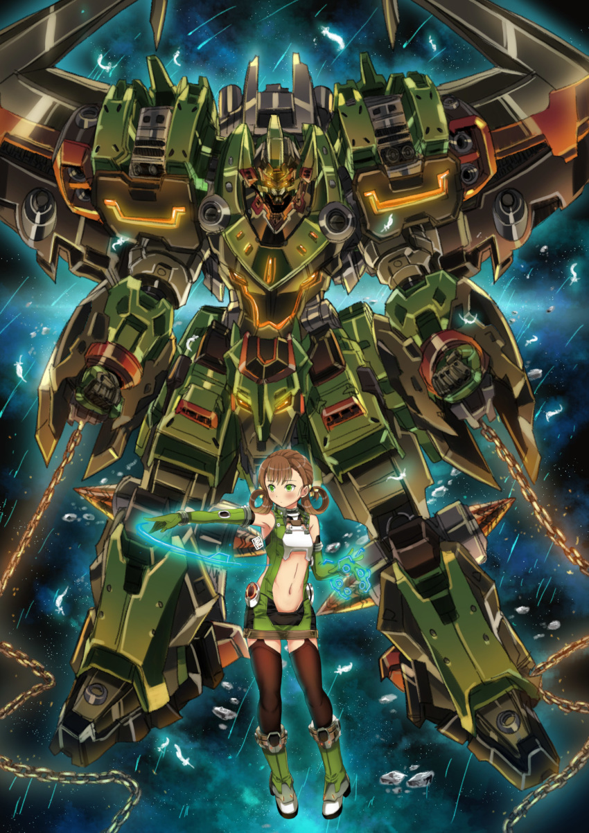 1girl brown_hair casting_spell clenched_hands garimpeiro glowing glowing_eyes green_eyes hair_rings highres looking_to_the_side mecha midriff midriff_cutout open_hand orange_eyes original pilot_suit