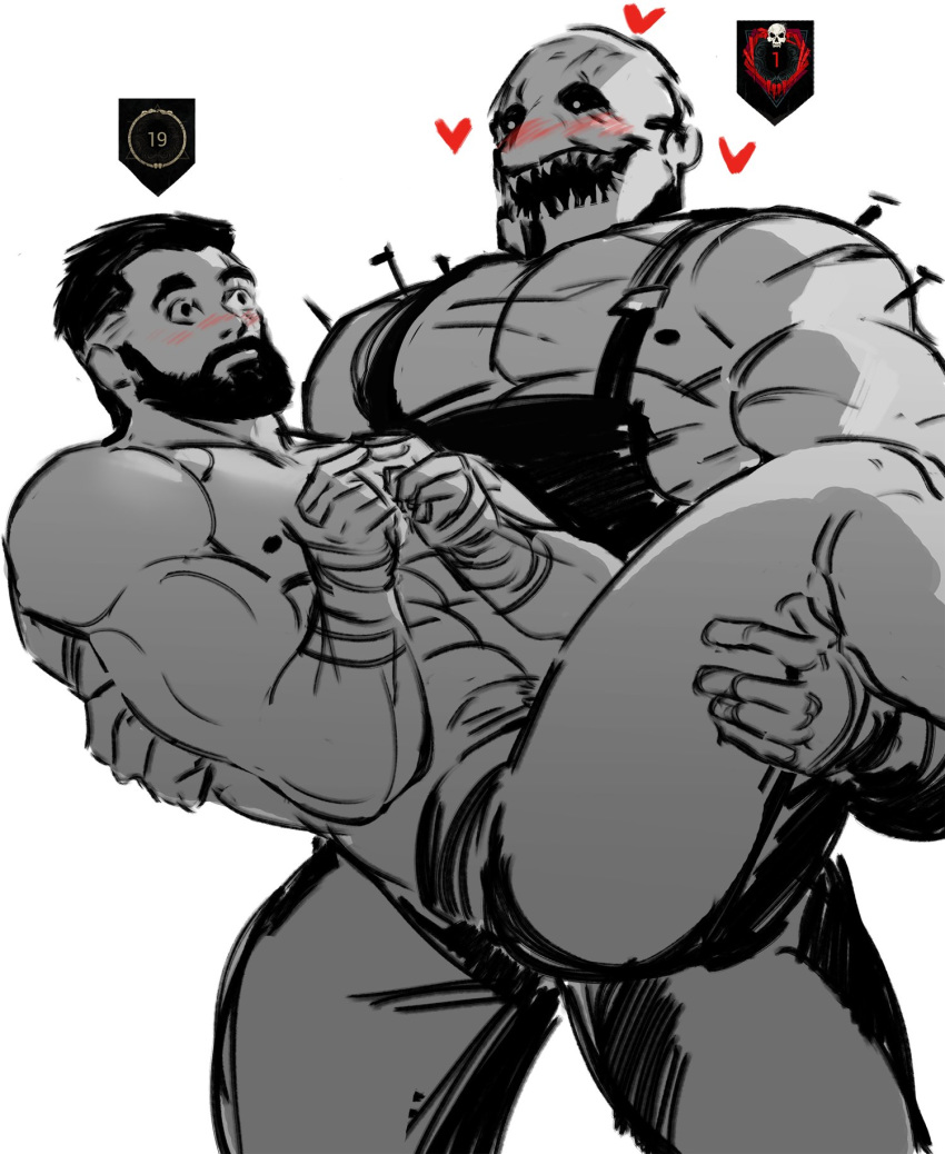 2boys abs alternate_costume bara beard biceps black_sclera blush bright_pupils carrying chest closed_mouth cowboy_shot david_king_(dead_by_daylight) dead_by_daylight evan_macmillan facial_hair fingers_together greyscale hair_slicked_back hand_wraps heart highres jang_ju_hyeon looking_at_another male_focus manly mask monochrome multiple_boys muscle nipples open_mouth overalls pants pectorals princess_carry raised_eyebrows sharp_teeth shirtless short_hair simple_background sketch smile teeth w_arms what white_background white_pupils yaoi