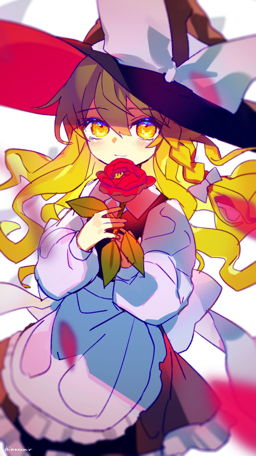 1girl absurdres apron back_bow black_dress black_headwear blonde_hair blush bow braid commentary_request cowboy_shot dress flower hair_bow hands_up hat hat_bow highres hinasumire holding holding_flower kirisame_marisa long_hair long_sleeves looking_at_viewer petals shirt single_braid smile solo touhou waist_apron white_background white_bow white_shirt witch_hat yellow_eyes
