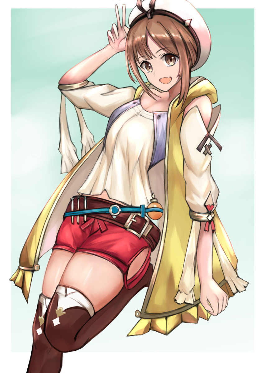 1girl absurdres atelier_(series) atelier_ryza bangs black_ribbon boots breasts brown_eyes brown_hair fang highres huge_filesize leather_belt looking_at_viewer nana_kamiii open_mouth red_shorts reisalin_stout ribbon round-bottom_flask shirt short_shorts shorts skin_fang skindentation sleeveless sleeveless_jacket smile solo thick_thighs thighs toeless_boots v vest vial white_headwear yellow_vest