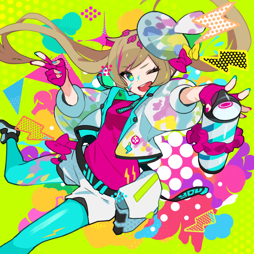 1girl absurdres airhorn bag belt beret blue_eyes blue_legwear bow brown_hair commentary_request facial_mark fingerless_gloves flower gloves hair_flower hair_ornament hat hat_bow highres jacket kurumitsu lightning_bolt long_hair long_sleeves multicolored multicolored_nails one_eye_closed open_clothes open_jacket open_mouth original pink_gloves pink_shirt satchel scrunchie shirt shorts smile solo sparkling_eyes twintails v white_shorts