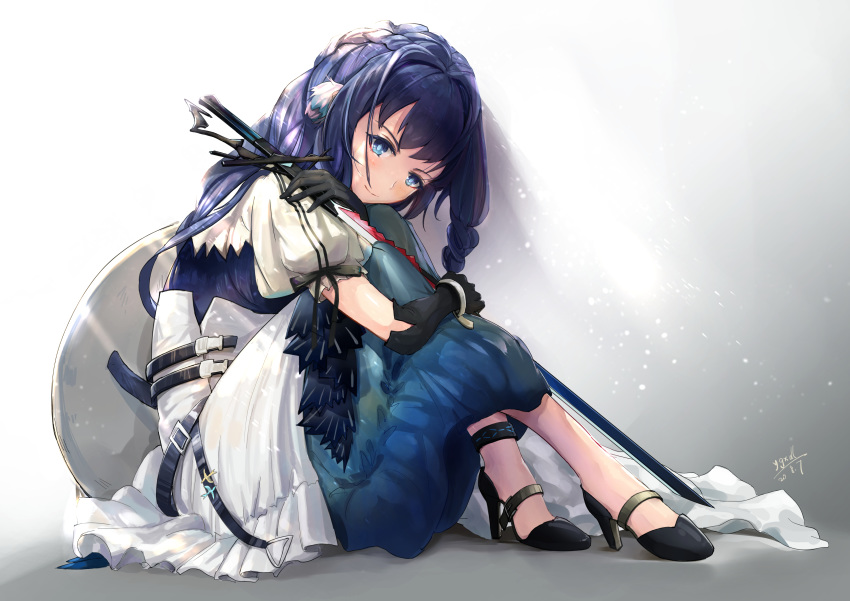 1girl absurdres alternate_costume animal_ears anklet arknights astesia_(arknights) bangs belt bird_ears black_gloves blue_eyes blue_hair braid breasts corset dress feathers gloves hat hat_removed headwear_removed high_heels highres holding holding_sword holding_weapon jewelry long_hair looking_at_viewer multiple_belts puffy_sleeves sitting smile solo sword weapon ygxdl