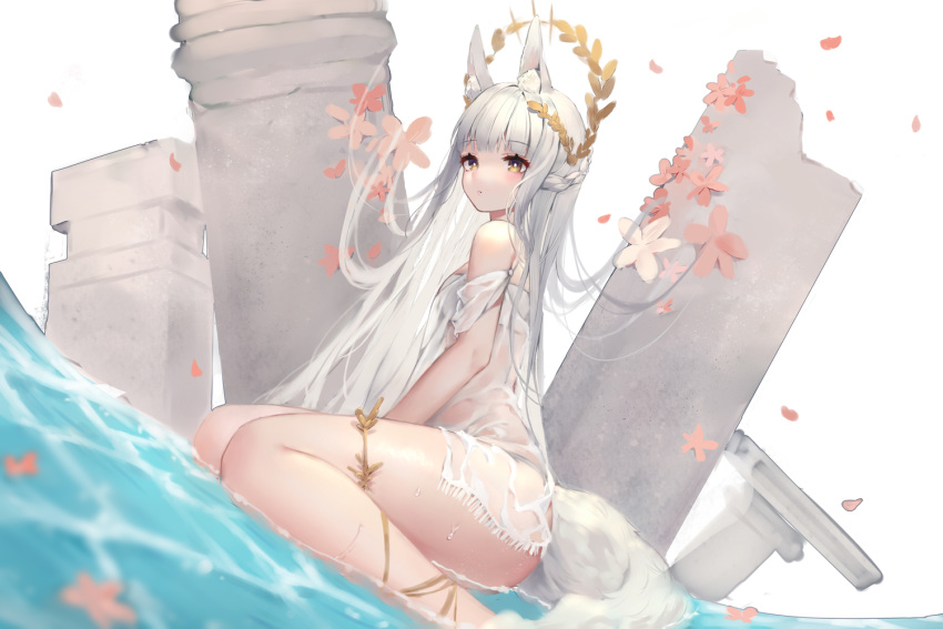 1girl animal_ear_fluff animal_ears arknights bangs bare_arms bare_legs bare_shoulders blush braid brown_eyes commentary eyebrows_visible_through_hair flower french_braid long_hair looking_at_viewer petals pink_flower platinum_(arknights) roro_(shisi4656) silver_hair sitting solo tail thighs very_long_hair wariza water