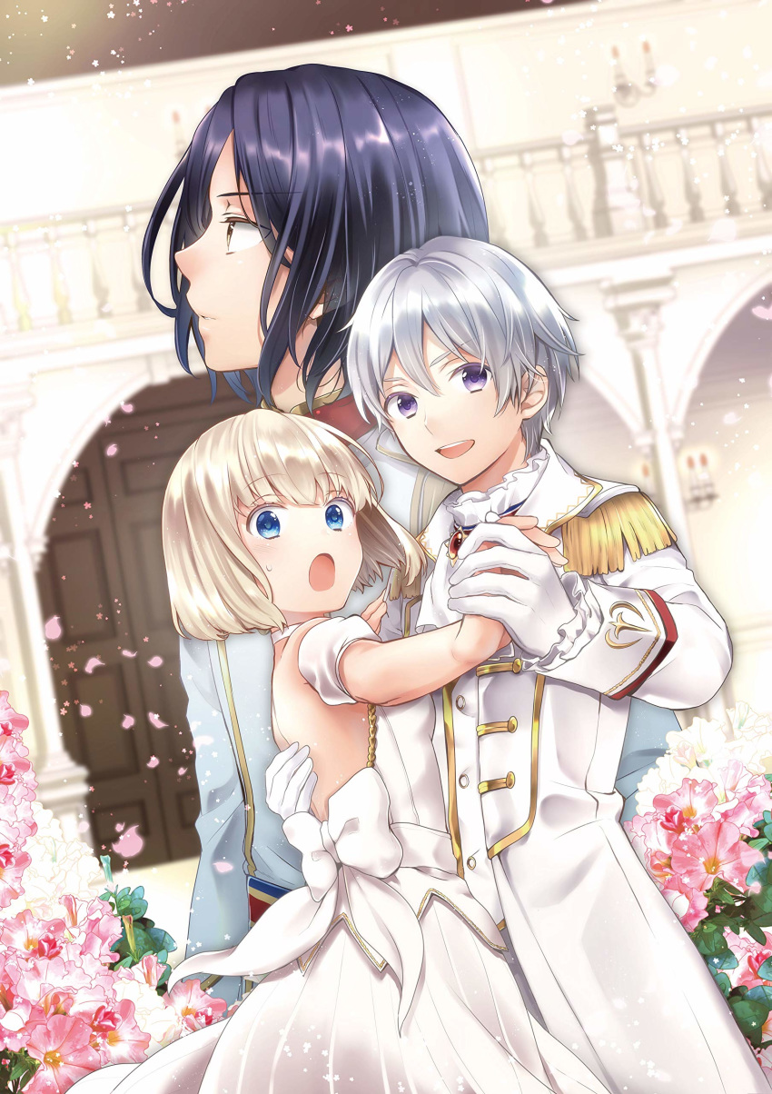 1girl 2boys abel_remno absurdres backless_dress backless_outfit black_hair blonde_hair blue_eyes bow dancing dress flower formal gem gloves highres holding_hands mia_luna_tearmoon morino_mizu multiple_boys official_art open_mouth outdoors petals short_hair silver_hair sion_sol_sunkland sweatdrop tearmoon_teikoku_monogatari violet_eyes white_dress white_gloves yellow_eyes