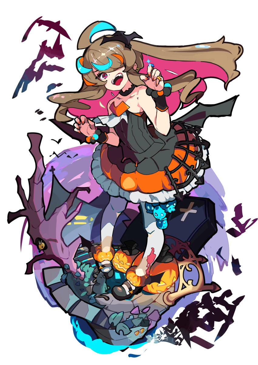 1girl absurdres ahoge animal_hair_ornament bare_shoulders bird black_dress blood blood_on_leg brown_hair claw_pose coffin collarbone commentary_request dress ear_piercing fang hair_over_one_eye highres jack-o'-lantern jewelry kurumitsu long_hair mary_janes mouse multicolored_hair open_mouth original piercing pink_eyes pumpkin red_nails ring shoes skull strapless strapless_dress tongue tongue_out twintails white_legwear wrist_cuffs
