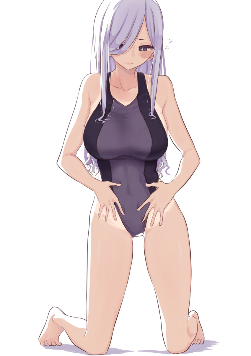 1girl absurdres black_eyes blush breasts collarbone competition_swimsuit grey_hair hair_over_one_eye highres kneeling large_breasts long_hair looking_down one-piece_swimsuit one-piece_tan original rucchiifu solo swimsuit tan tanline white_background