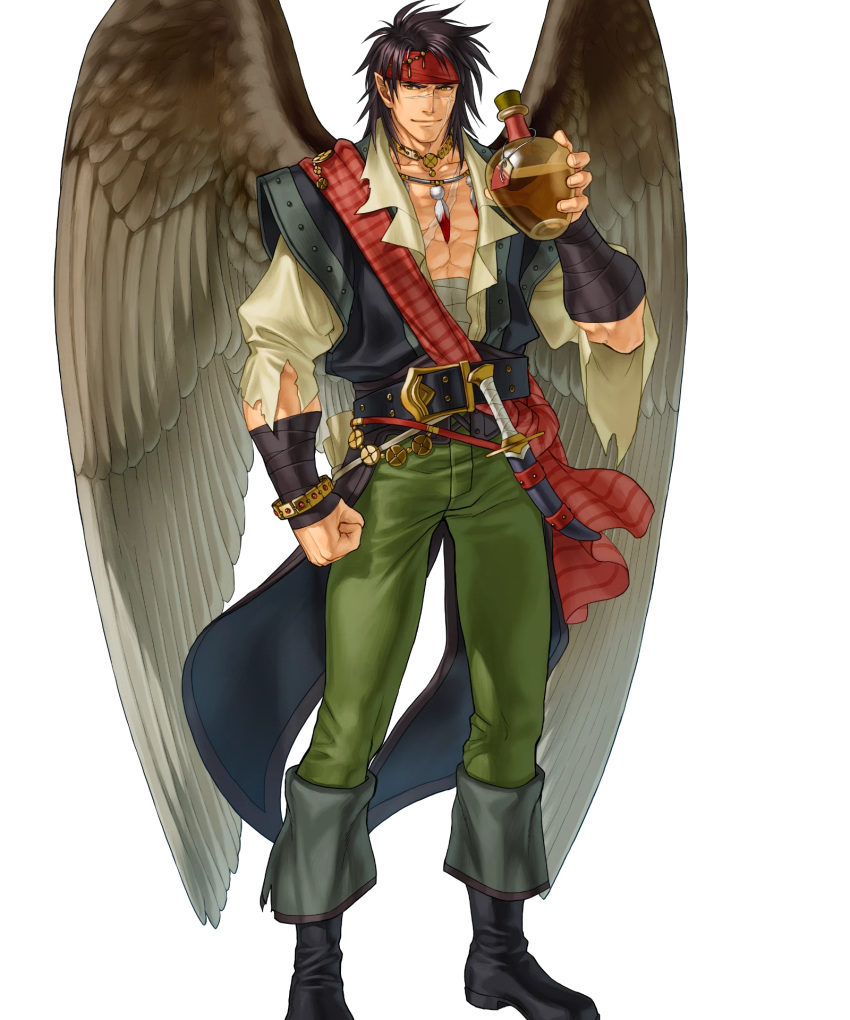 1boy abs alternate_costume bandages belt boots bracelet brown_hair dagger drink feathered_wings feathers fire_emblem fire_emblem:_radiant_dawn fire_emblem_heroes full_body headband highres jewelry kita_senri necklace official_art pointy_ears scar solo tibarn_(fire_emblem) transparent_background weapon wings yellow_eyes
