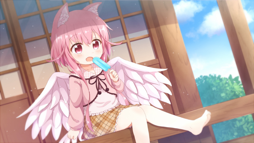 1girl animal_ear_fluff animal_ears araki495 bangs barefoot blush brown_skirt character_request commentary_request day emil_chronicle_online eyebrows_visible_through_hair fang feathered_wings food hair_between_eyes highres holding holding_food long_hair long_sleeves open_mouth outdoors pink_hair pink_shirt pink_wings plaid plaid_skirt popsicle red_eyes shirt sidelocks skirt soles solo veranda very_long_hair white_shirt wings