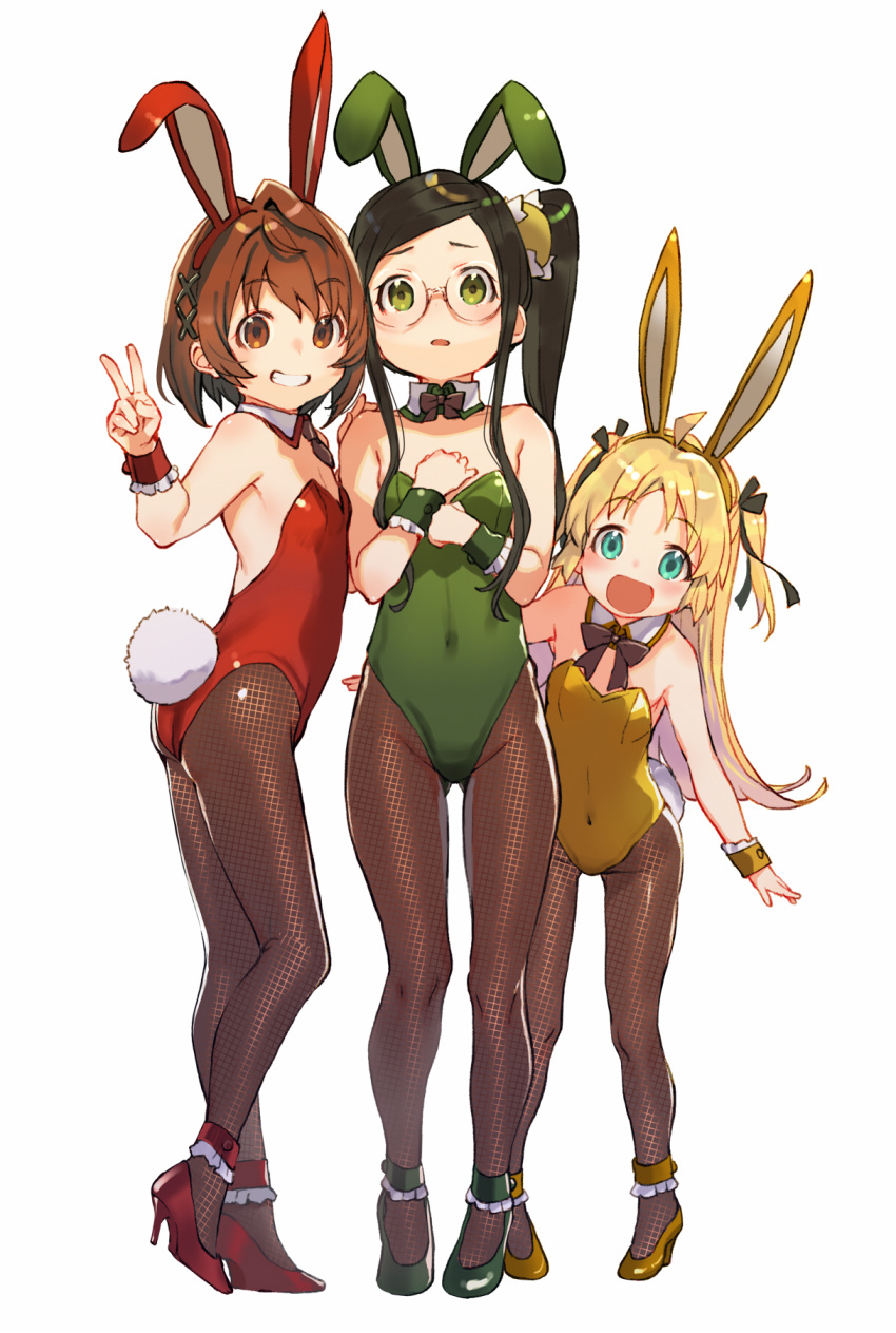 3girls :d animal_ears bare_shoulders black_hair black_ribbon blonde_hair blue_eyes bow bowtie brown_eyes brown_hair brown_legwear brown_neckwear bunny_day bunny_tail bunnysuit child copyright_request covered_navel detached_collar fake_animal_ears fake_tail fishnet_legwear fishnets glasses green_eyes green_footwear green_leotard hair_ornament hair_ribbon hairband hand_up high_heels highres leaning_forward leotard looking_at_viewer mini_necktie multiple_girls one_side_up open_mouth pantyhose parted_lips rabbit_ears red_footwear red_leotard ribbon semi-rimless_eyewear shirabi simple_background smile standing tail two_side_up under-rim_eyewear v white_background wristband x_hair_ornament yellow_footwear yellow_leotard