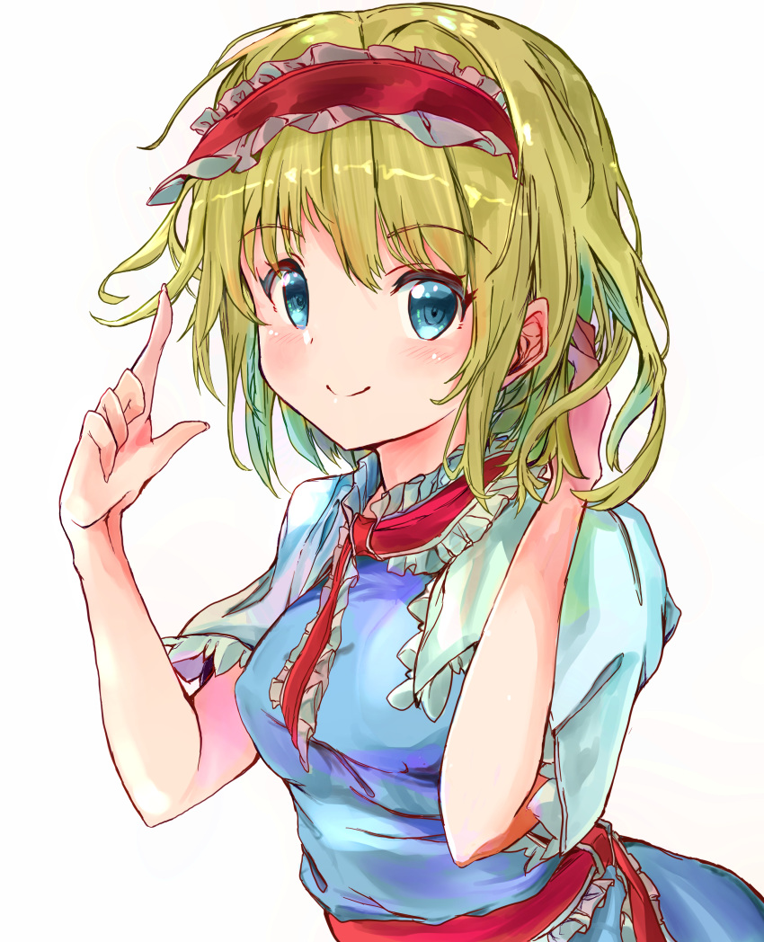 1girl absurdres alice_margatroid arms_up blonde_hair blue_dress blue_eyes capelet commentary_request dress eyebrows_visible_through_hair hairband hand_in_hair highres ikazuchi_akira index_finger_raised lolita_hairband looking_at_viewer neck_ribbon partial_commentary red_neckwear ribbon sash shiny shiny_hair short_hair short_sleeves simple_background smile solo standing touhou upper_body white_background white_capelet