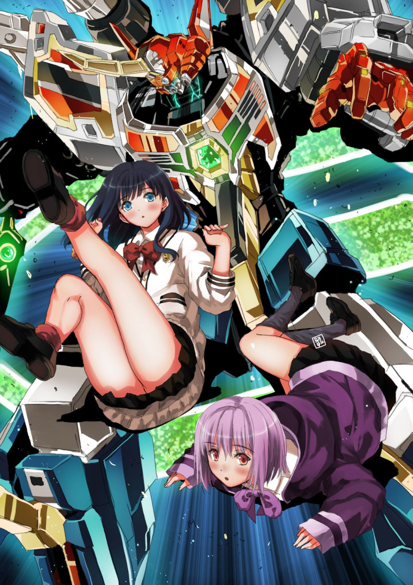 1boy 2girls bangs black_hair black_skirt blue_eyes bow bowtie butt_crack cardigan english_commentary eyebrows_visible_through_hair full_powered_gridman garimpeiro gridman_(ssss) hands_up highres horns looking_at_viewer looking_down lying mecha multiple_girls no_panties on_stomach purple_hair purple_neckwear red_neckwear school_uniform shinjou_akane single_horn skirt ssss.gridman takarada_rikka violet_eyes visor yellow_eyes