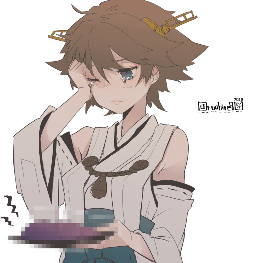 1girl bangs blue_eyes breasts brown_hair censored censored_food closed_mouth crying dated detached_sleeves eyebrows_visible_through_hair headgear hiei_(kantai_collection) highres holding japanese_clothes kantai_collection nontraditional_miko one_eye_closed ribbon-trimmed_sleeves ribbon_trim rubbing_eyes ruohire9 short_hair simple_background solo tears twitter_username white_background